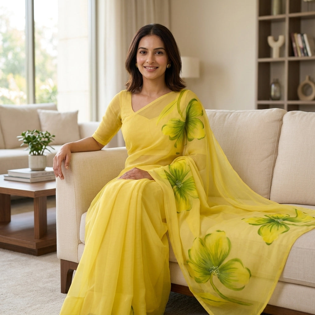 Lemon Yellow Floral Handmade Madhubani Painting Saree with Blouse – Handcrafted Mithila Art