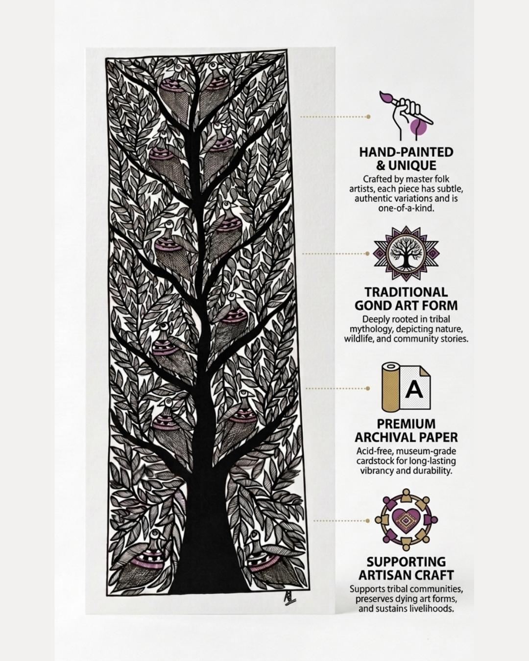 Black & White Tree of Life Madhubani Painting | Handmade Art