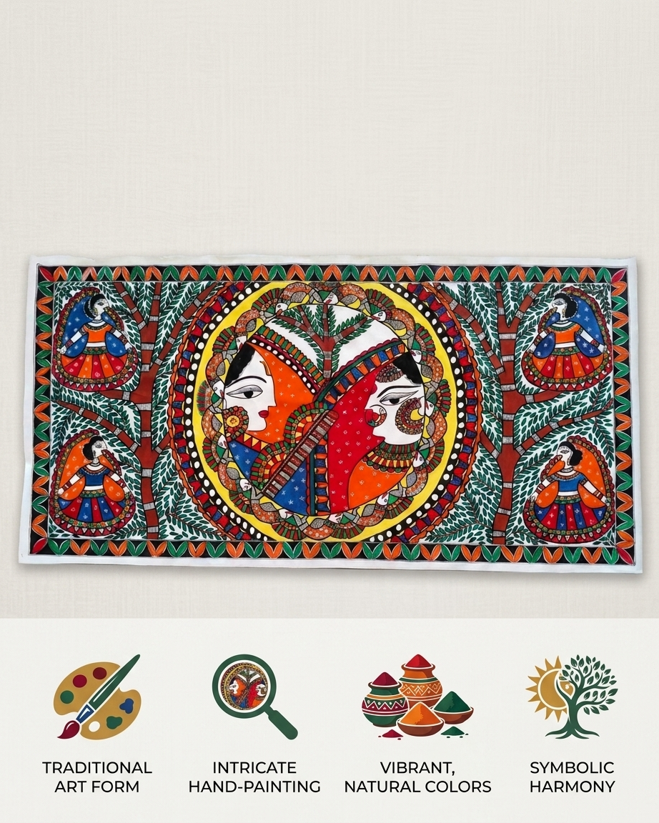 Krishna Radha Rashlila Madhubani Painting Canvas Wall Art Without Frame