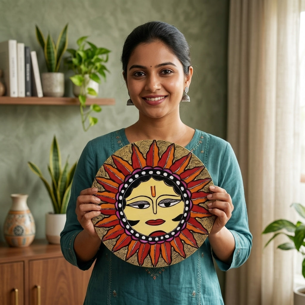 Handmade Lord Surya Madhubani Painting Wall Art on MDF Board  – Traditional Mithila Art Decor