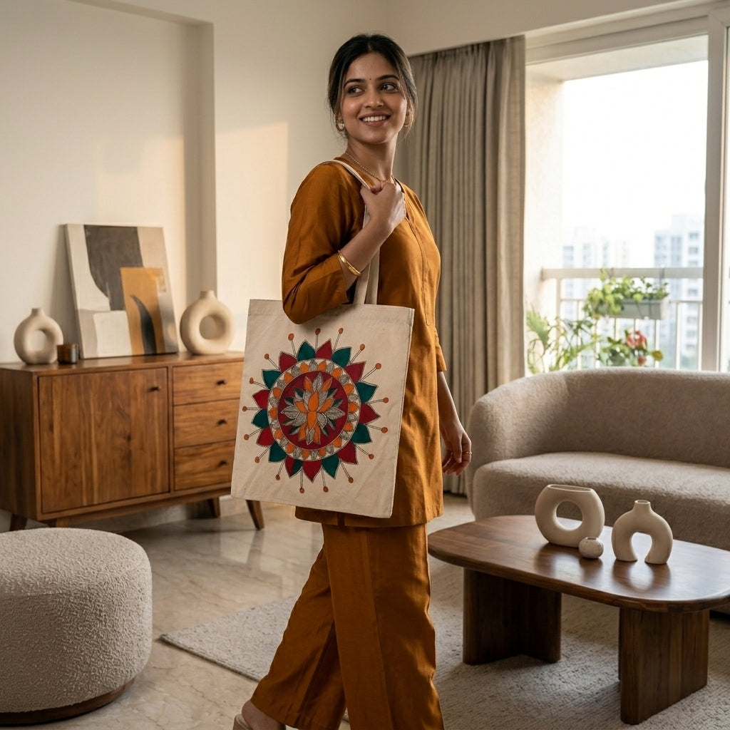 Hand-Painted Madhubani Painting Tote Bag | Ethnic Shoulder Bag