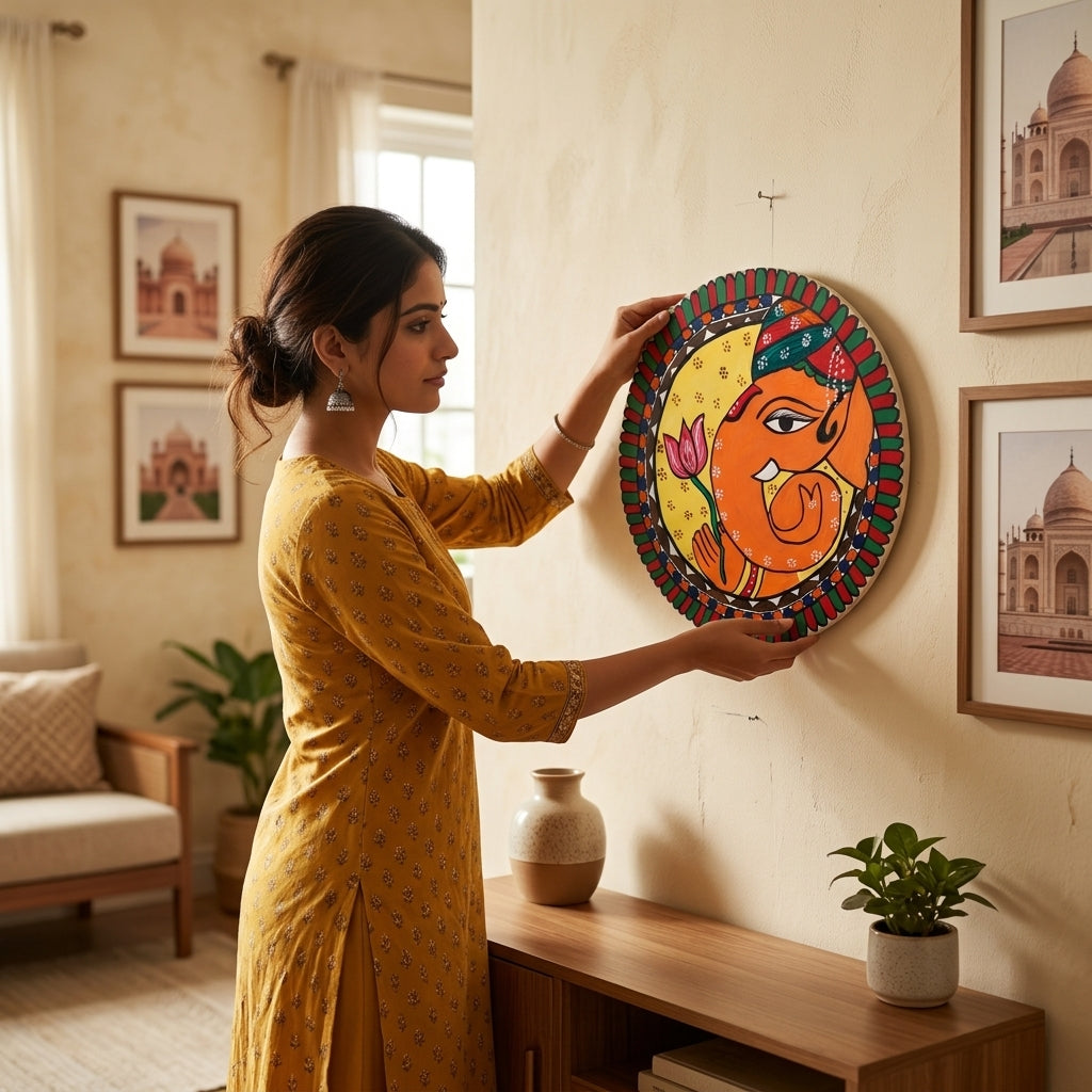 Handmade Ganesha Madhubani Painting Wall Art MDF Board – Traditional Mithila Art Home Decor