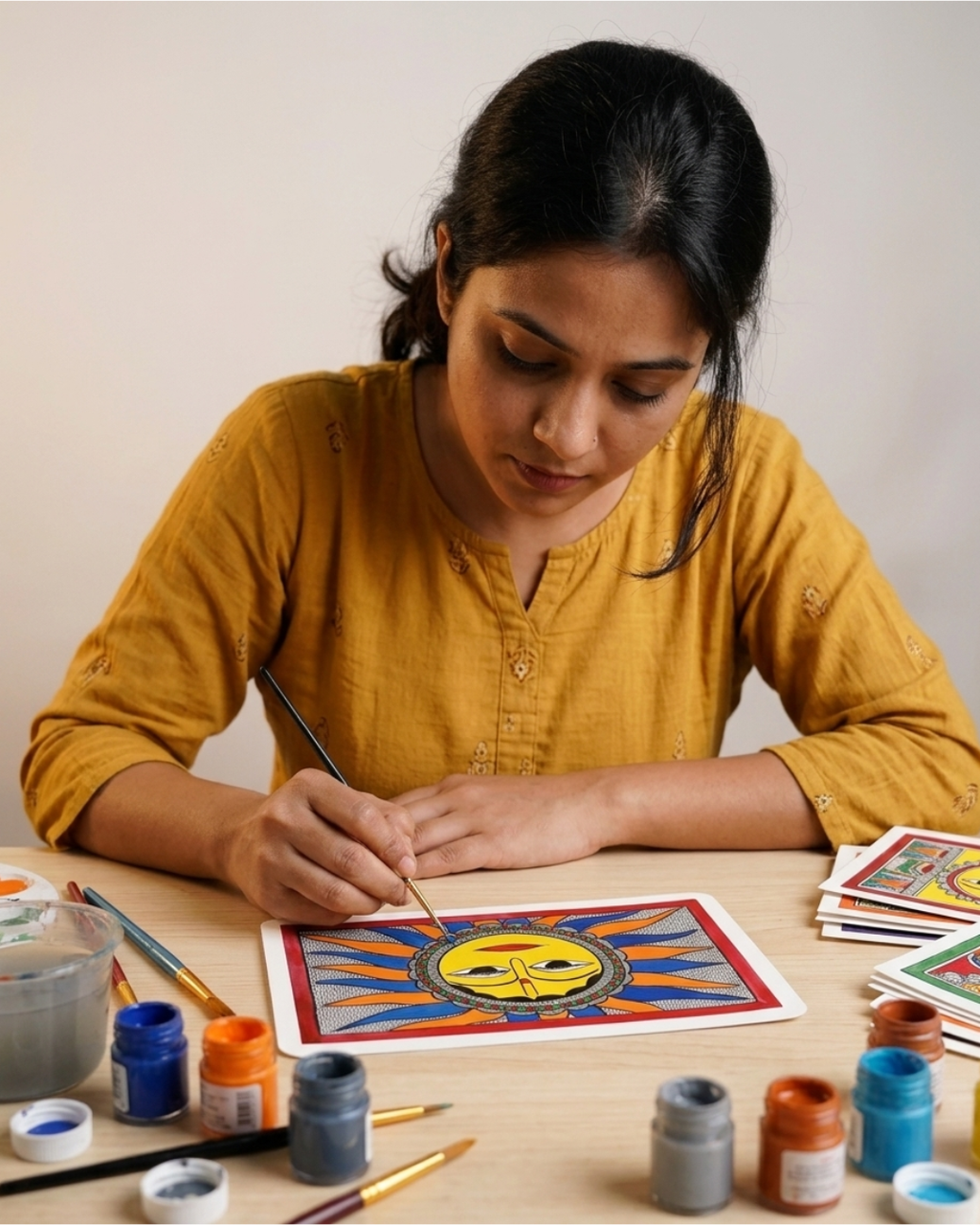 Sun Madhubani Painting on Handmade Paper (14x22 Inch) – Traditional Mithila Folk Art Wall Decor
