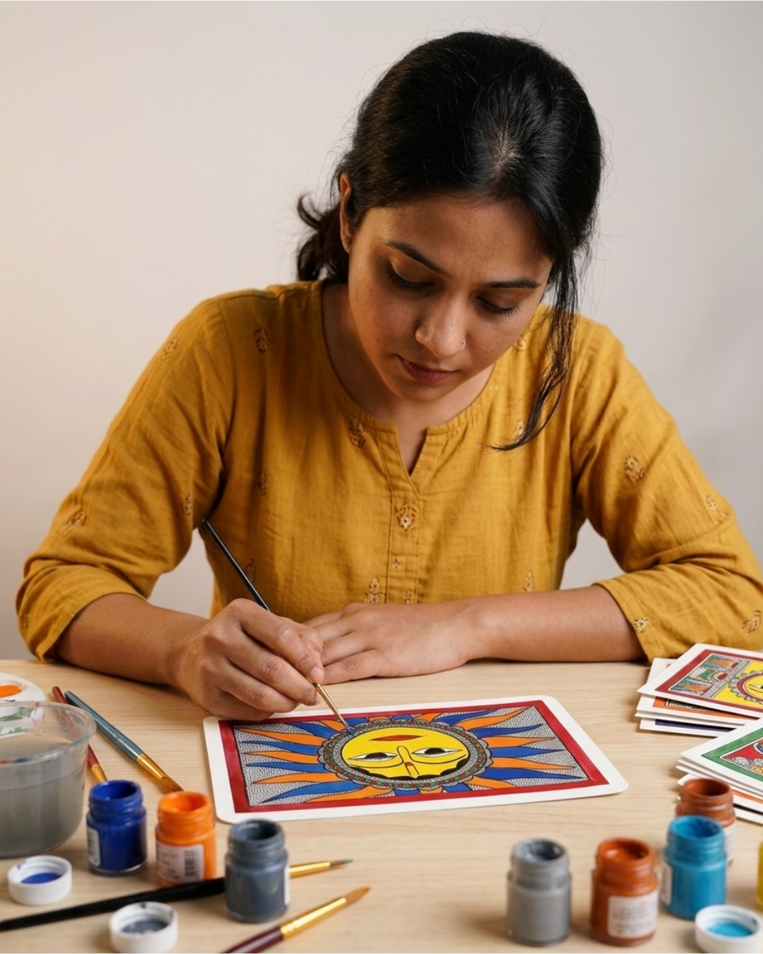 Sun Madhubani Painting on Handmade Paper (14x22 Inch) – Traditional Mithila Folk Art Wall Decor