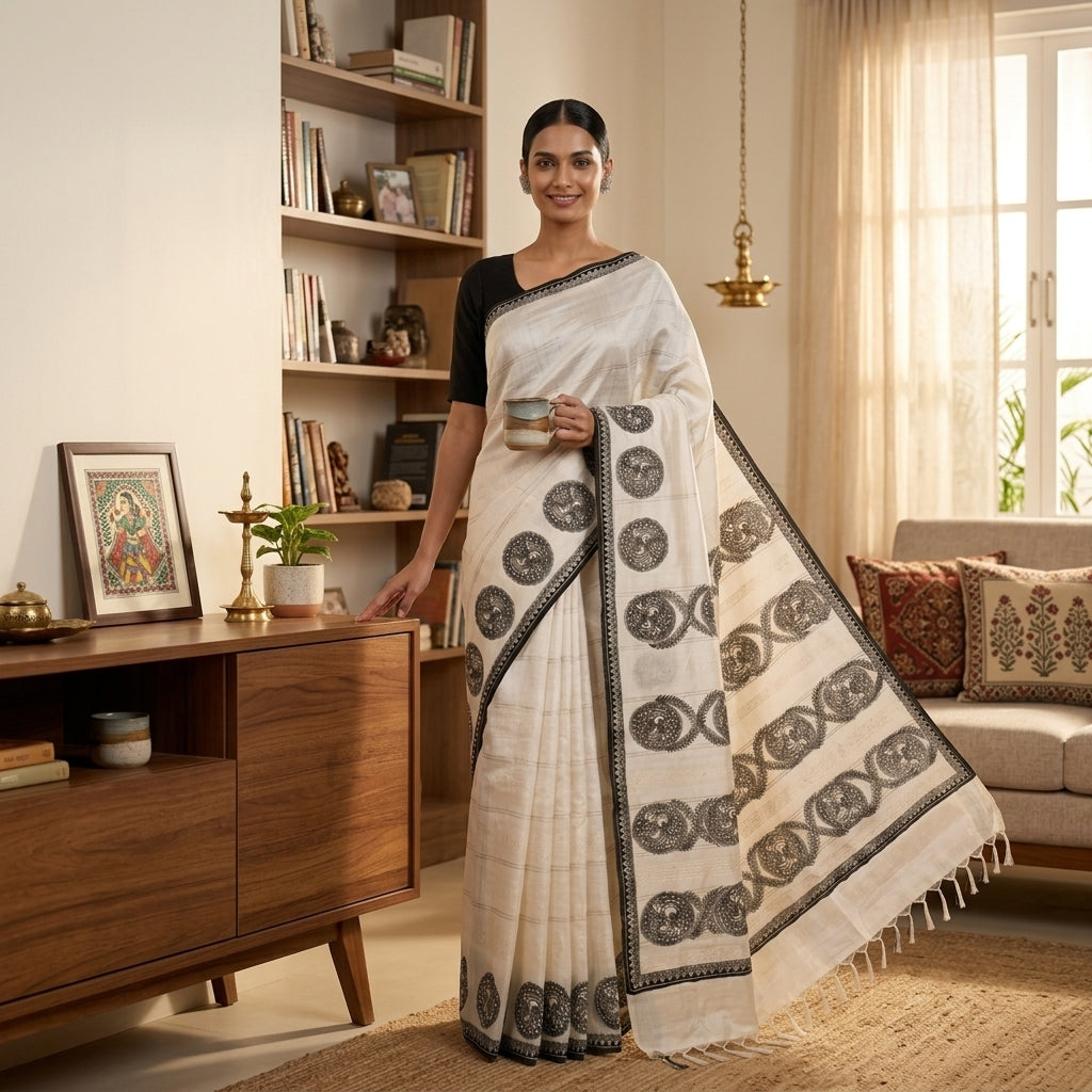 Handmade Madhubani Painting  Saree with Blouse Piece – Traditional Mithila Art Saree for Women