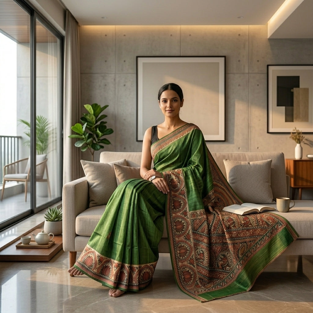 Green Handmade Madhubani Painting Saree with Blouse