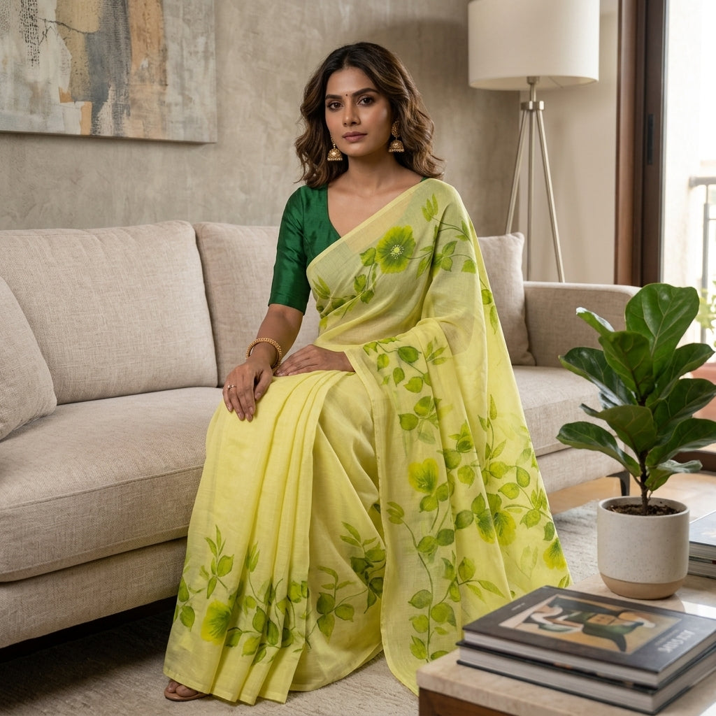 Light Green Floral Handmade Madhubani Painting Saree with Blouse – Handcrafted Mithila Art Saree for Women