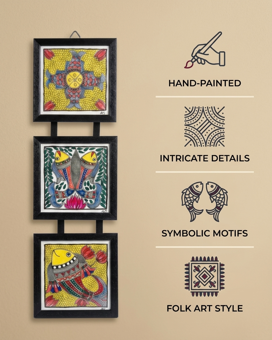 Handmade Fish Madhubani Painting Triple Frame Wall Hanging  – Traditional Mithila Art Decor