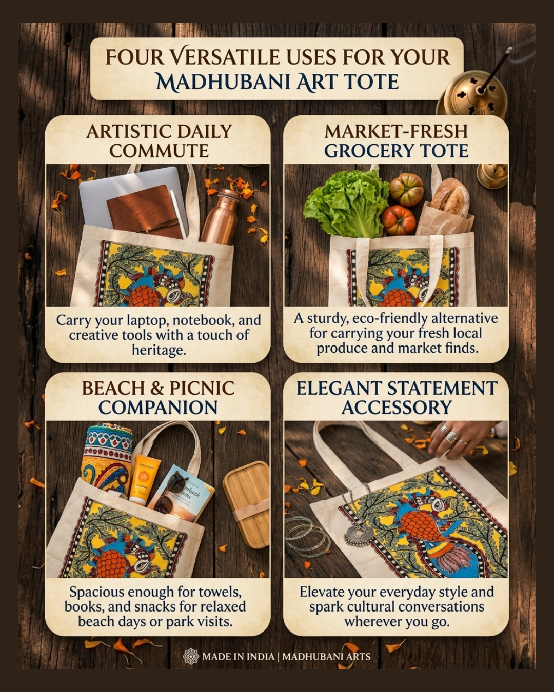 Handcrafted Madhubani Painting Tote Bag –  Eco-Friendly Shopping & Everyday Carry Bag