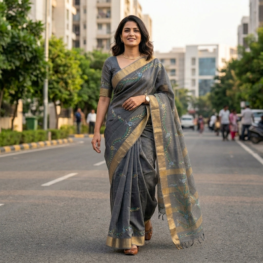 Dark Grey Handmade Madhubani Painting Saree with Blouse - Traditional Mithila Art