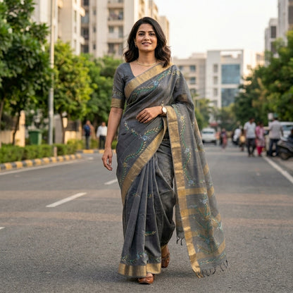 Dark Grey Handmade Madhubani Saree with Blouse