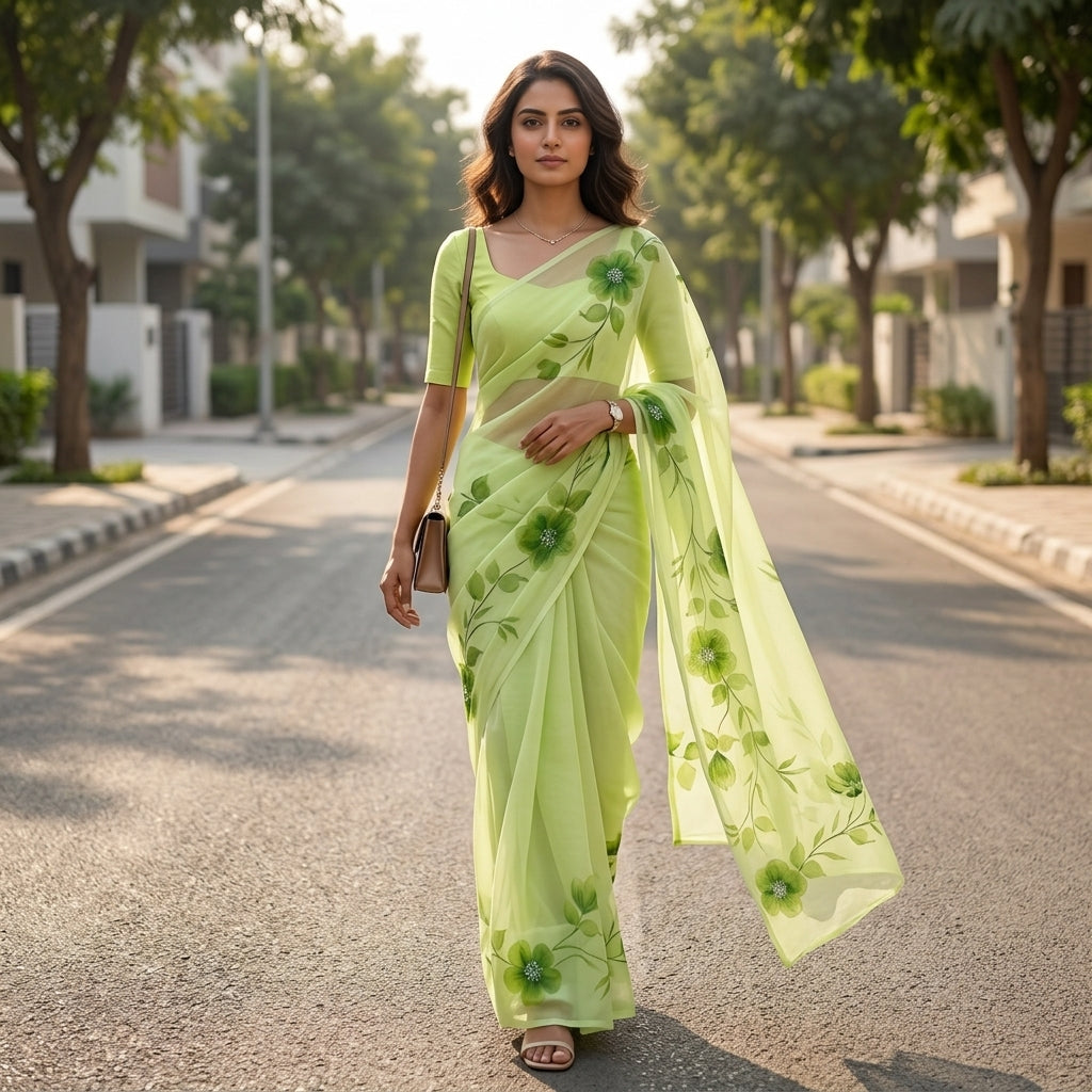 Pista Green Floral Handmade Madhubani Painting Saree with Blouse