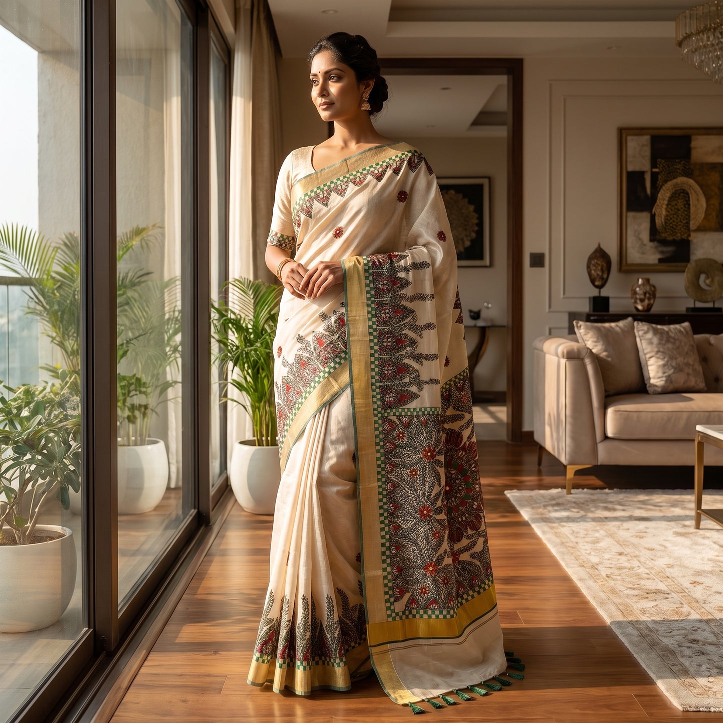 Light Cream Handmade Madhubani Painting Saree for Women