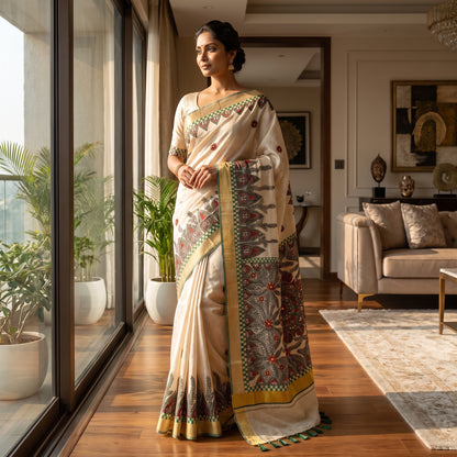 Light Cream Handmade Madhubani Painting Saree for Women