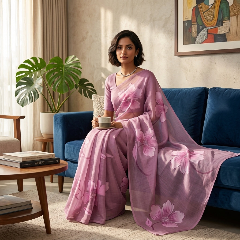 Dusty Pink Floral Handmade Madhubani Painting Pure Saree with Blouse – Handcrafted Mithila Art