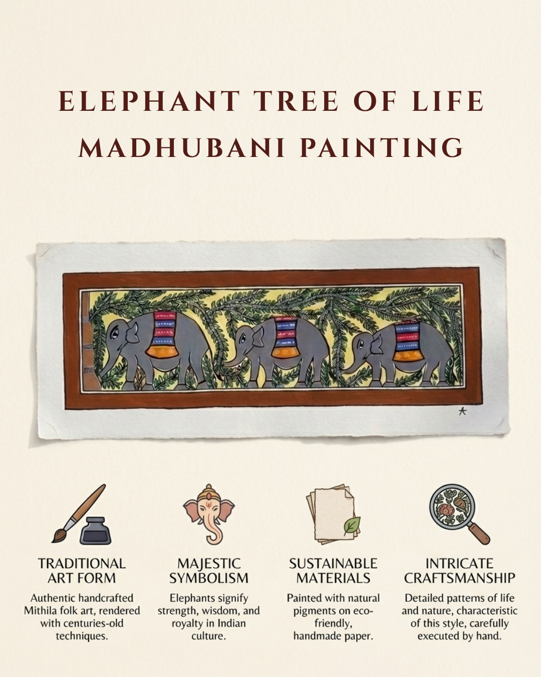 Elephant Tree of Life Madhubani Painting | Handmade Wall Art