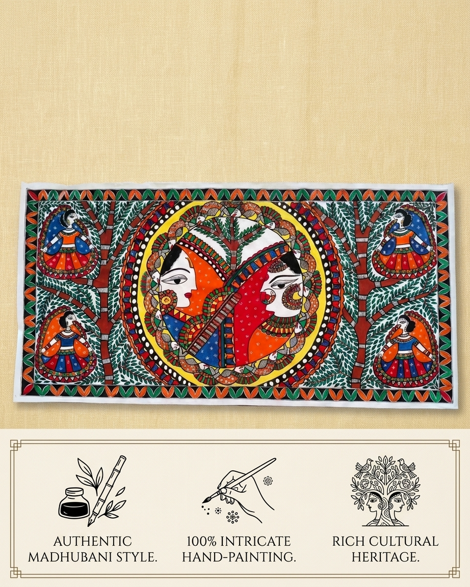 Krishna Radha Rashlila Madhubani Painting Canvas Wall Art Without Frame