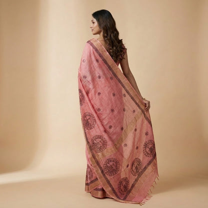 Onion Pink Handmade Madhubani Painting Saree with Blouse