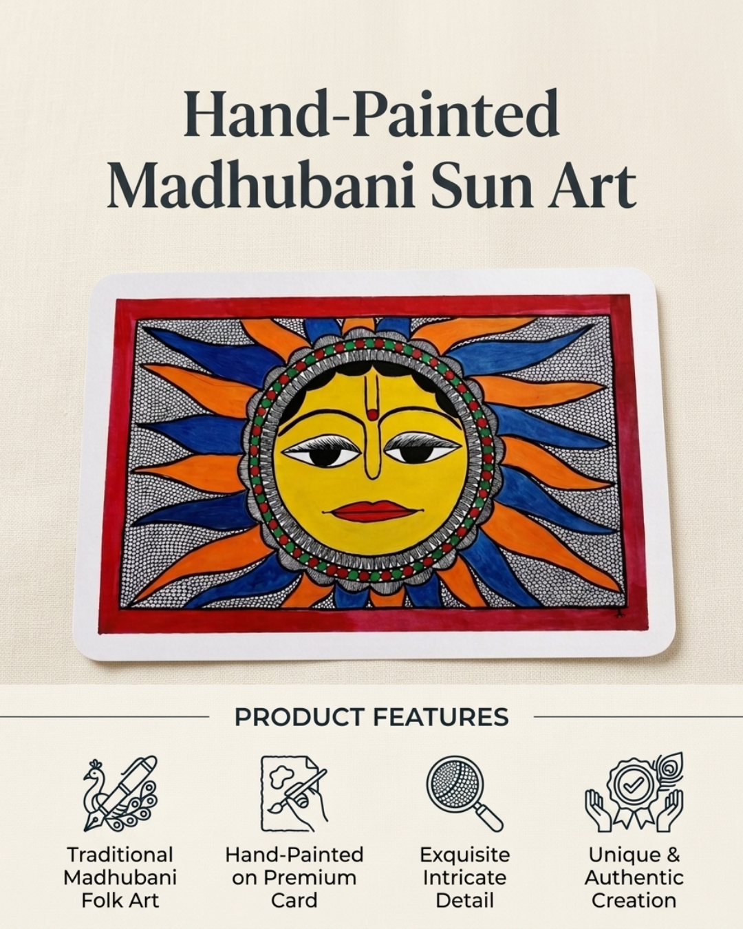 Sun Madhubani Painting on Handmade Paper (14x22 Inch) – Traditional Mithila Folk Art Wall Decor