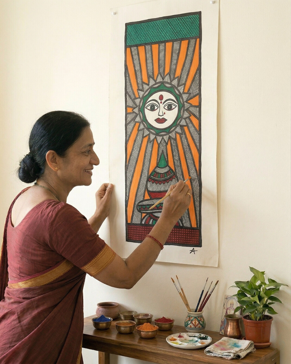 God Surya Madhubani Painting – Handmade Paper Wall Art
