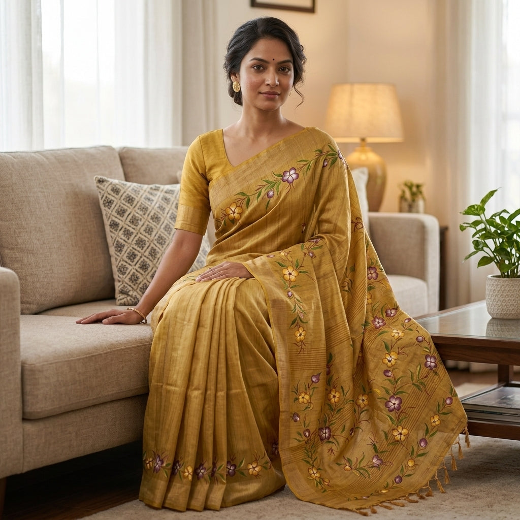 Golden Beige Floral Handmade Madhubani Painting  Saree with Blouse