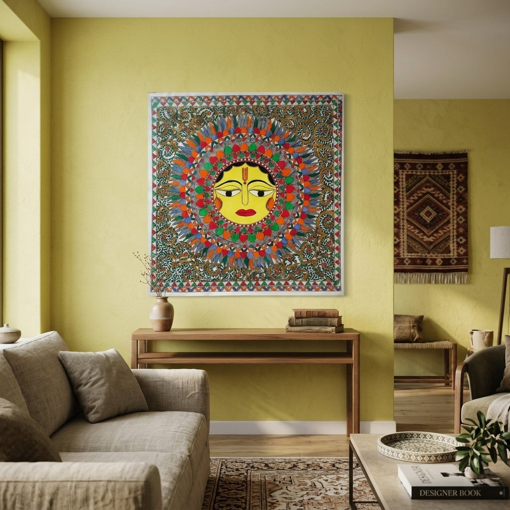 Lord Sun Madhubani Painting - Handmade Traditional Wall Art