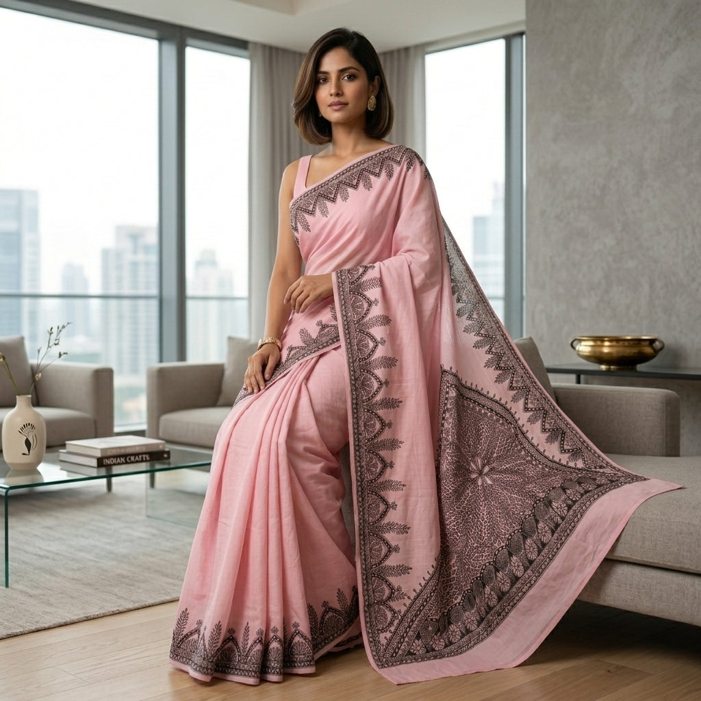 Handmade Madhubani Painting Saree with Blouse for Women