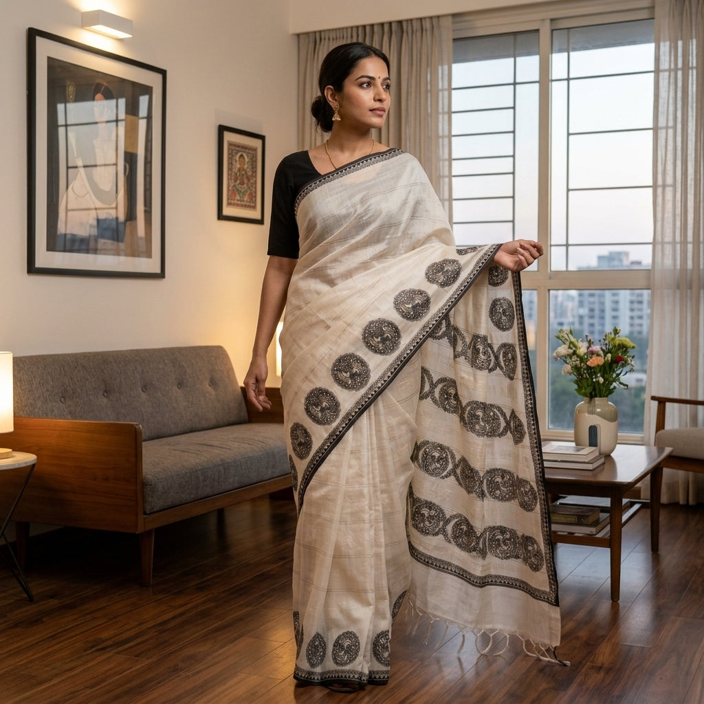 Handmade Madhubani Painting  Saree with Blouse Piece – Traditional Mithila Art Saree for Women