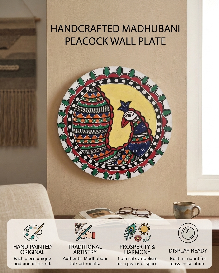 Peacock Madhubani Painting Wall Art – Handmade Indian Folk Art Decor