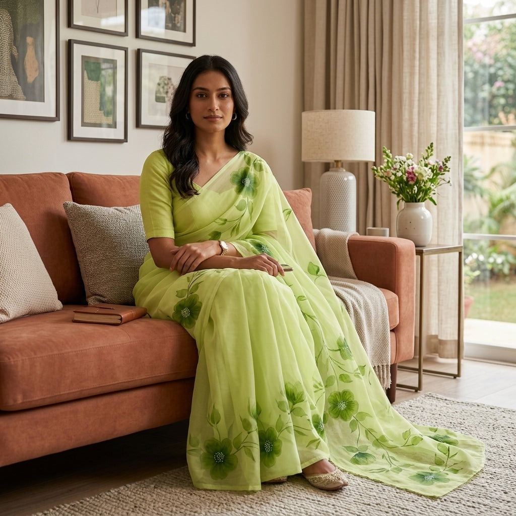 Pista Green Floral Handmade Madhubani Painting Saree with Blouse