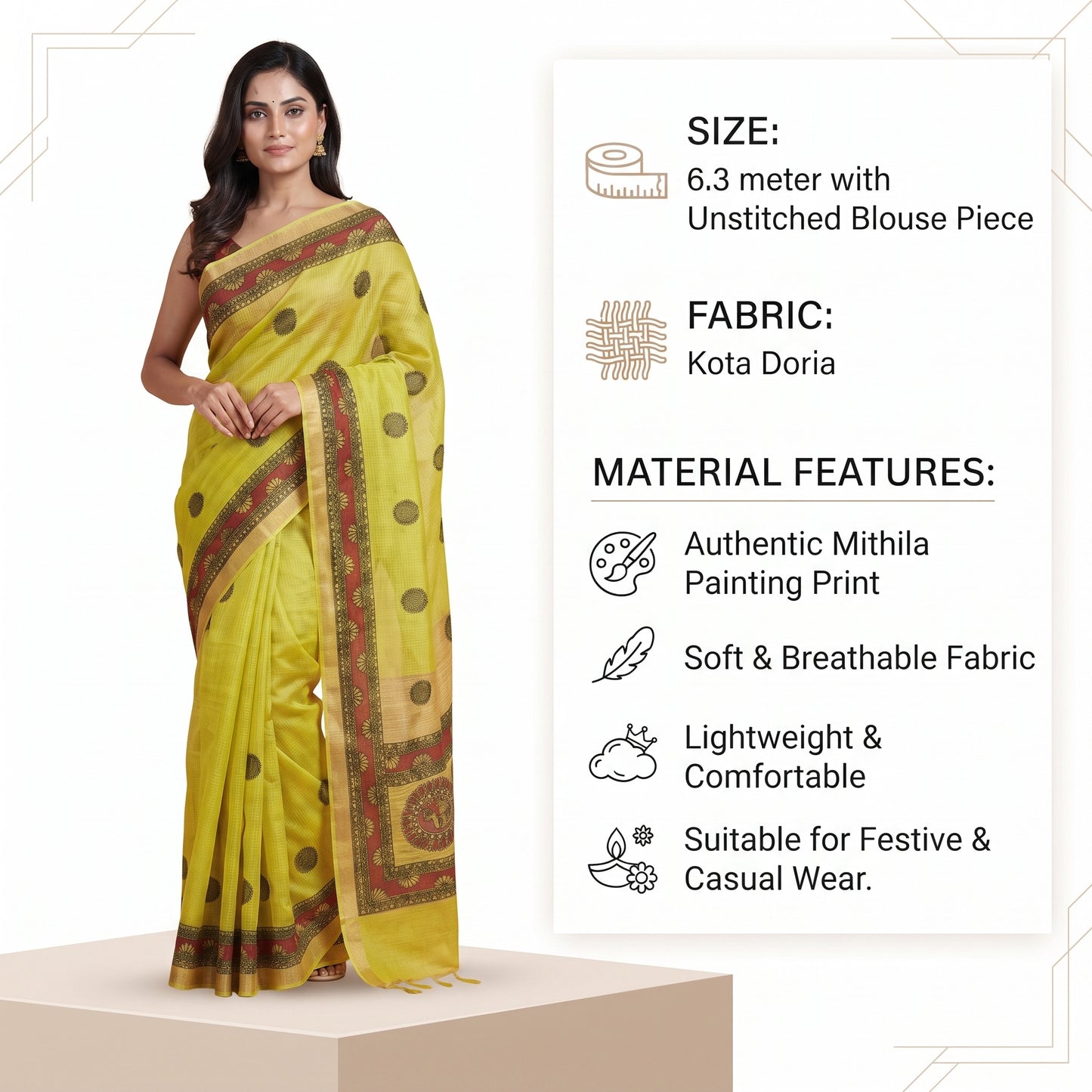 Lemon Green Handmade Madhubani Painting Saree for Women