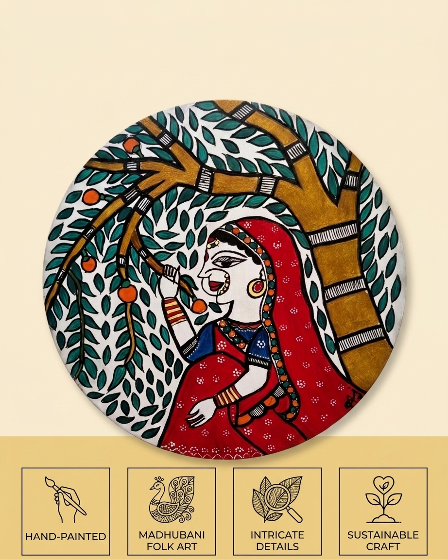 Handmade Women Madhubani Painting Wall Art on MDF Board  – Traditional Mithila Home Decor