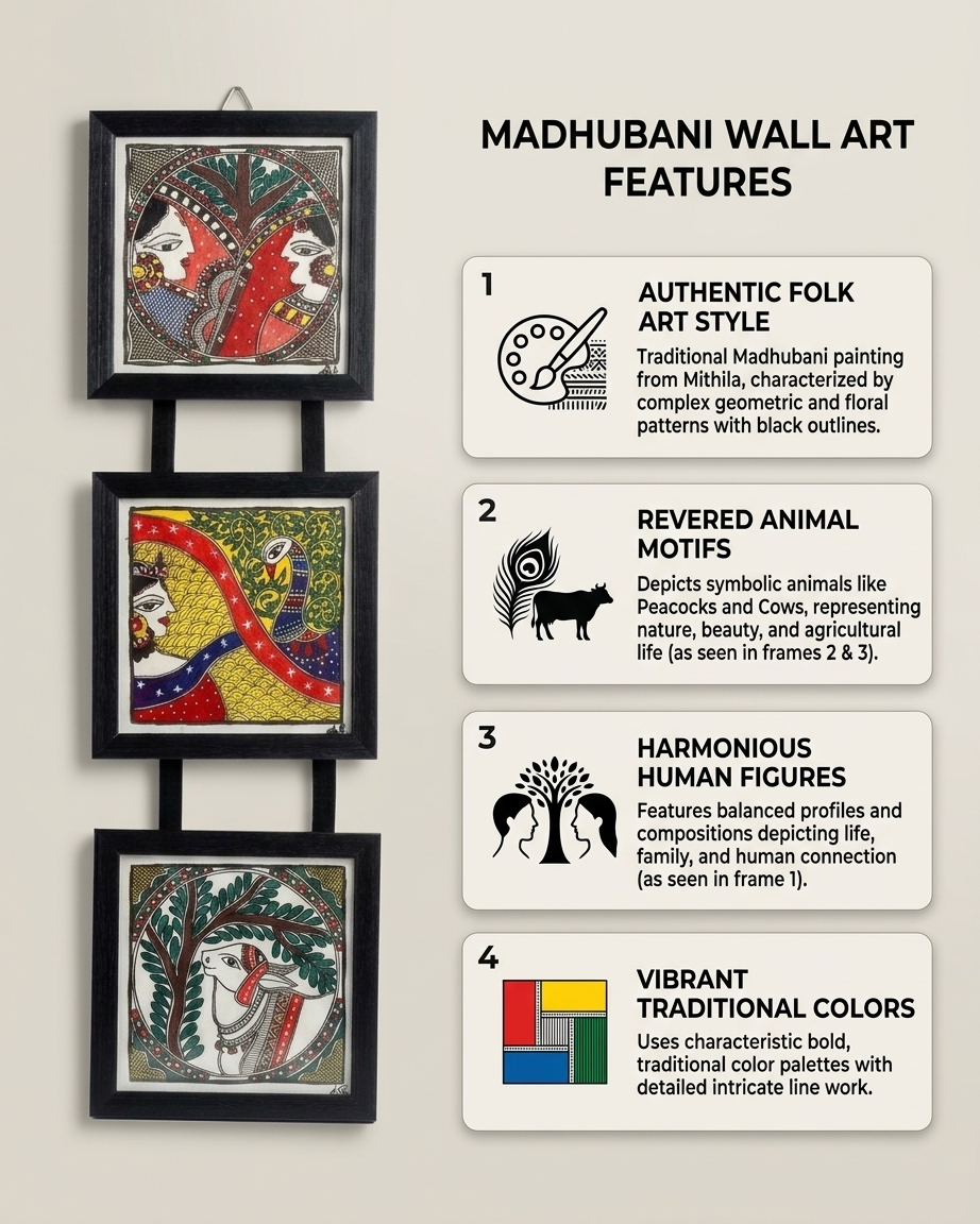 Handmade Krishna & Radha Madhubani Painting Triple Frame Wall Hanging – Traditional Mithila Art Decor