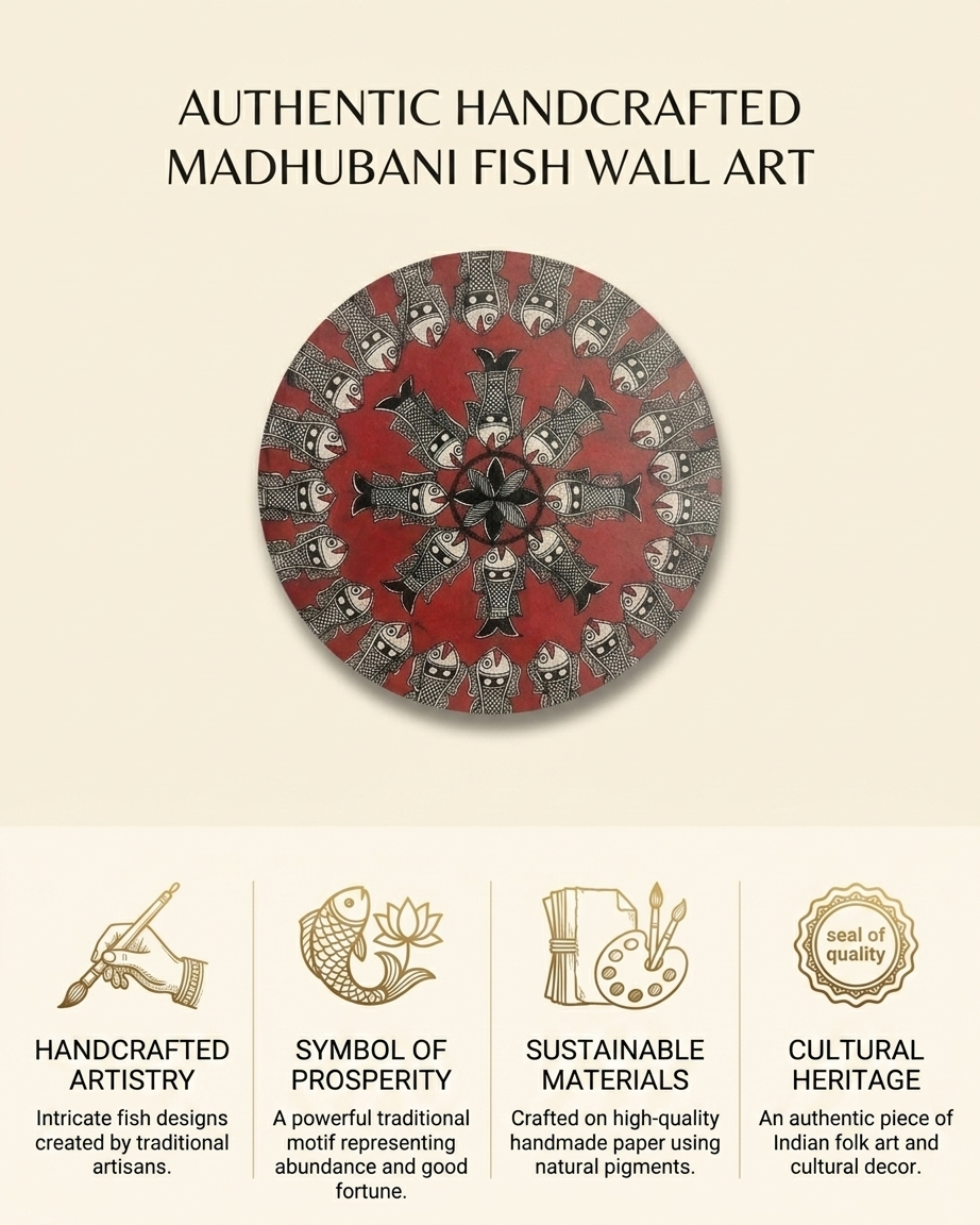 Handmade Fish Madhubani Painting Wall Art on MDF Board | Traditional Mithila Folk Art Decor