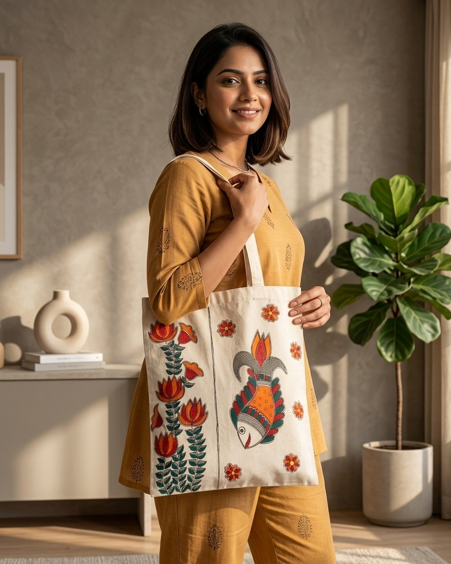 Hand-Painted Madhubani Painting Tote Bag – Ethnic Carry Bag