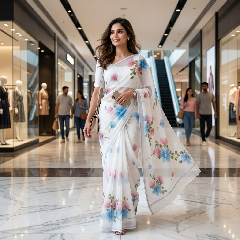 White Floral Handmade Madhubani Painting Saree with Blouse