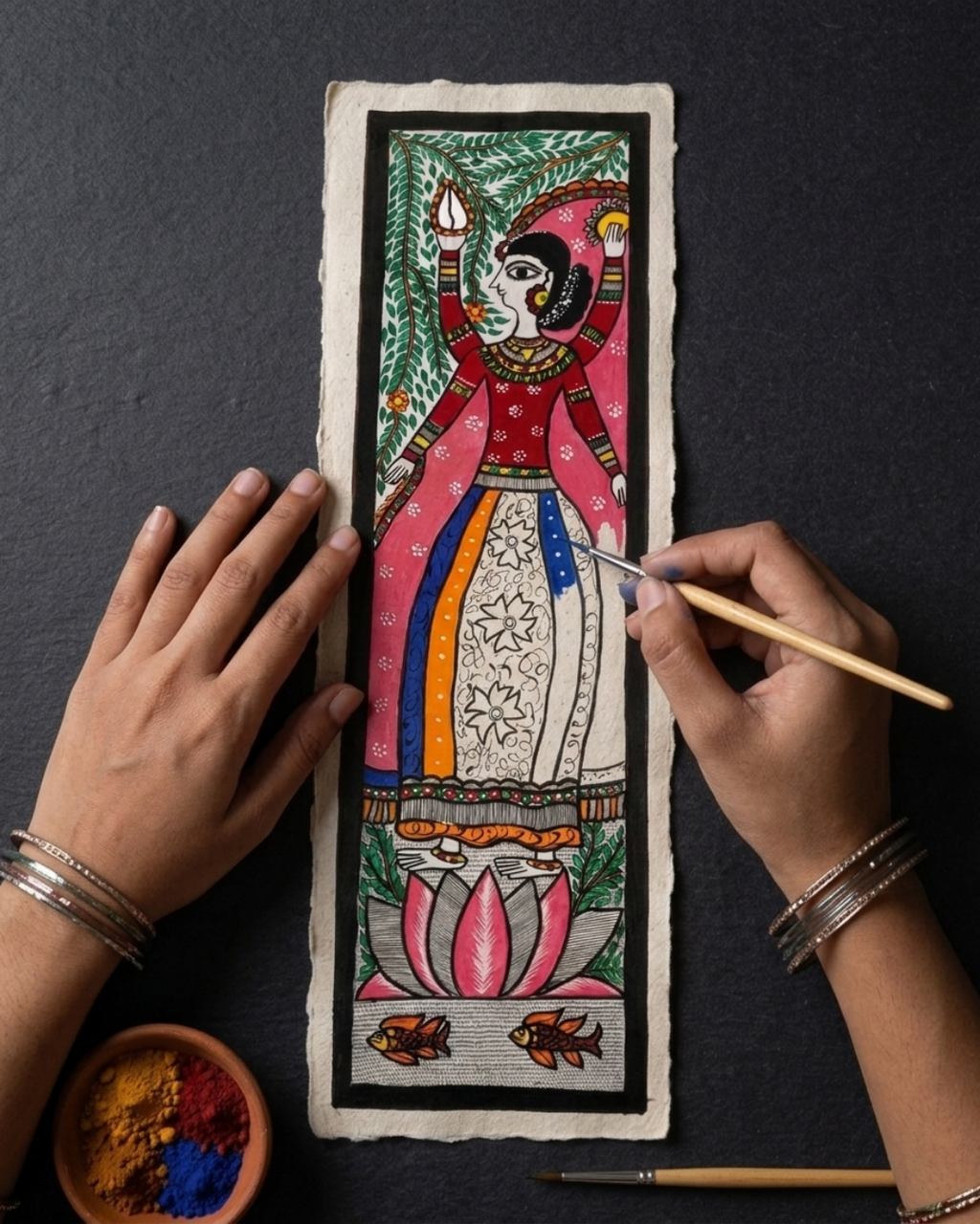 Mata Laxmi Madhubani Painting on Handmade Paper (10x30 Inch) – Traditional Mithila Folk Art Wall Decor