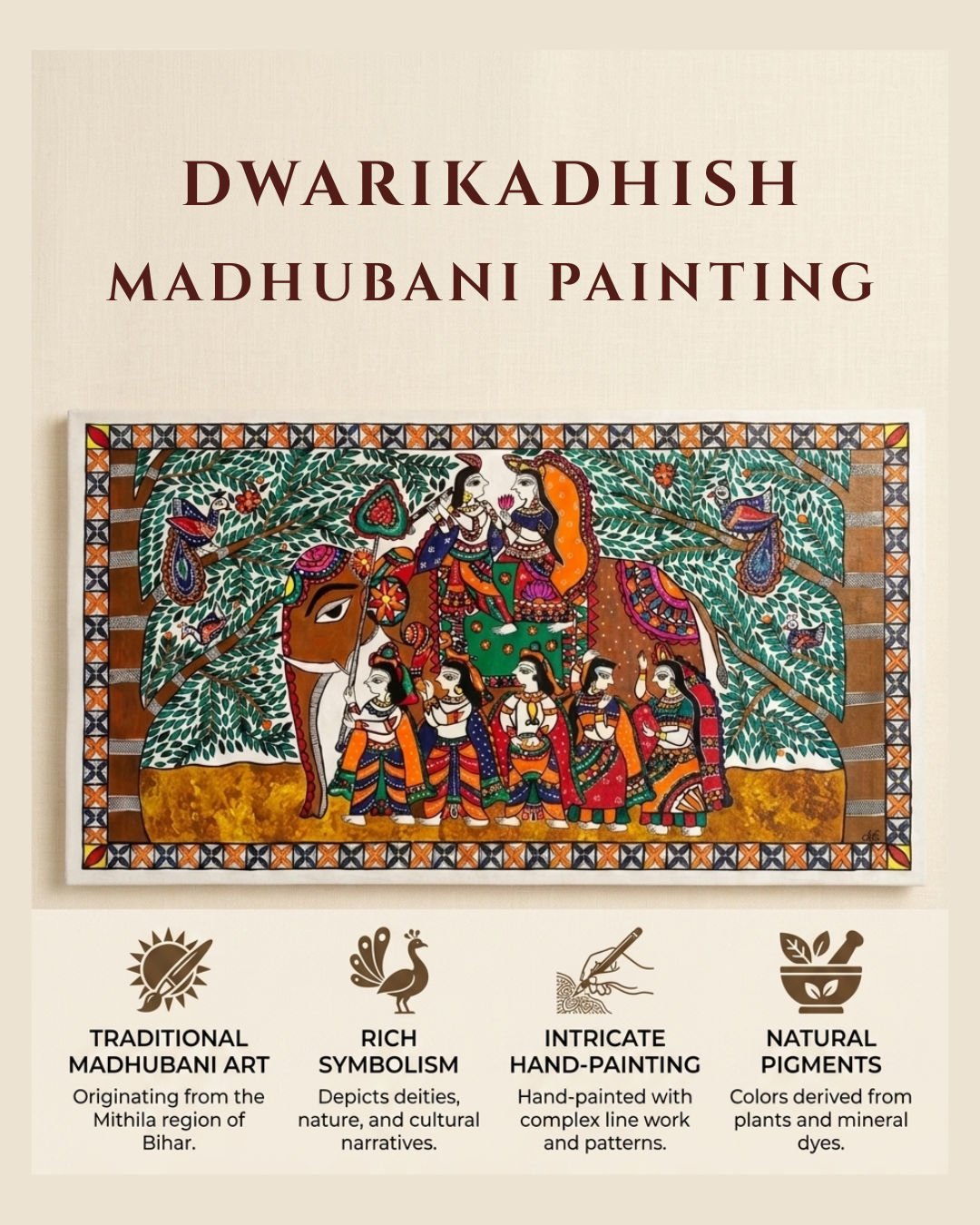 Dwarikadhish Madhubani Painting Canvas Wall Art Without Frame