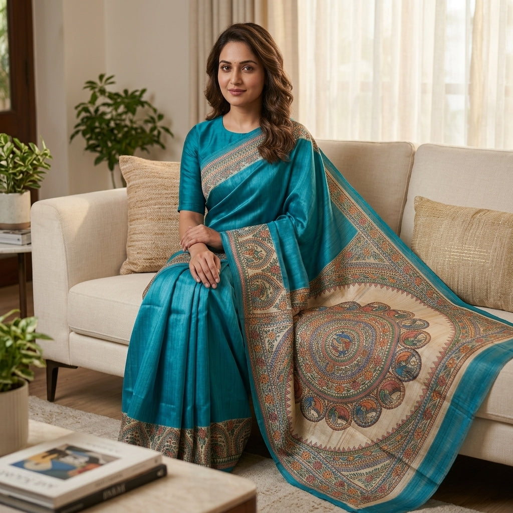 Bright Blue Handmade Madhubani Painting Saree with Blouse