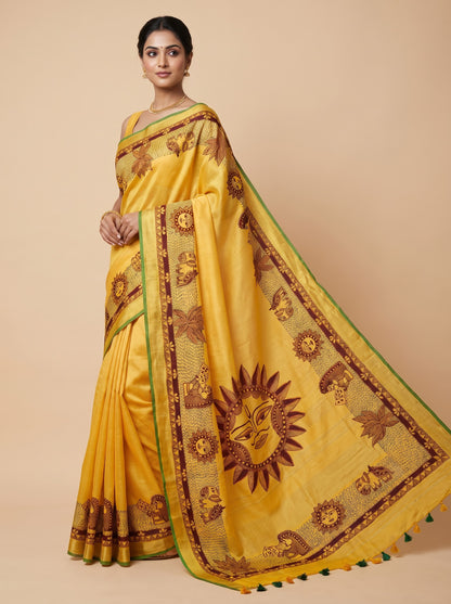Sunshine Yellow Handmade Madhubani Painting Saree
