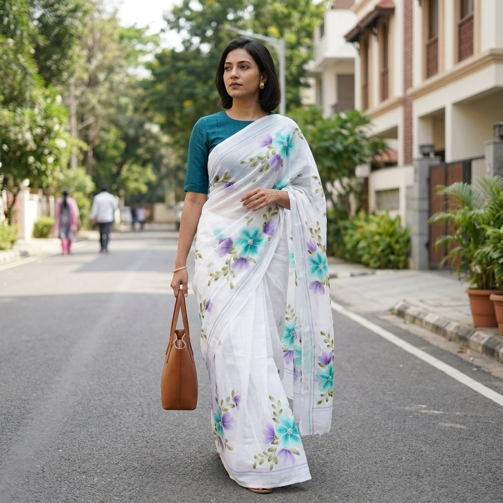 White Floral Handmade Madhubani Painting  Saree with Blouse