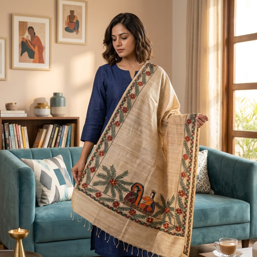 Handmade Madhubani Painting Dupatta Ethnic Wear | Traditional Designer Dupatta for Women