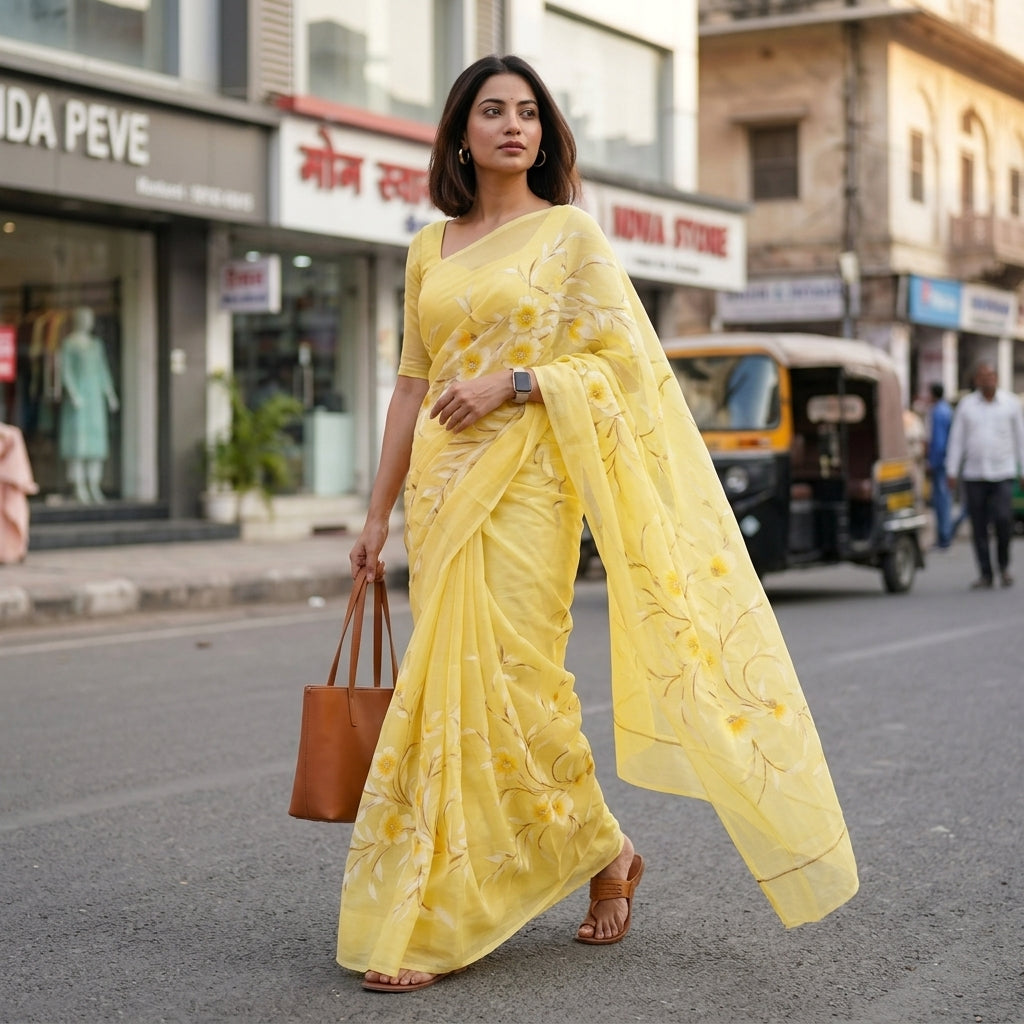 Light Yellow Floral Handmade Madhubani Painting Saree with Blouse