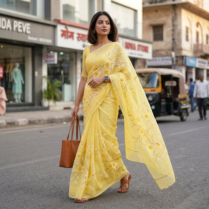 Light Yellow Floral Madhubani Saree with Blouse