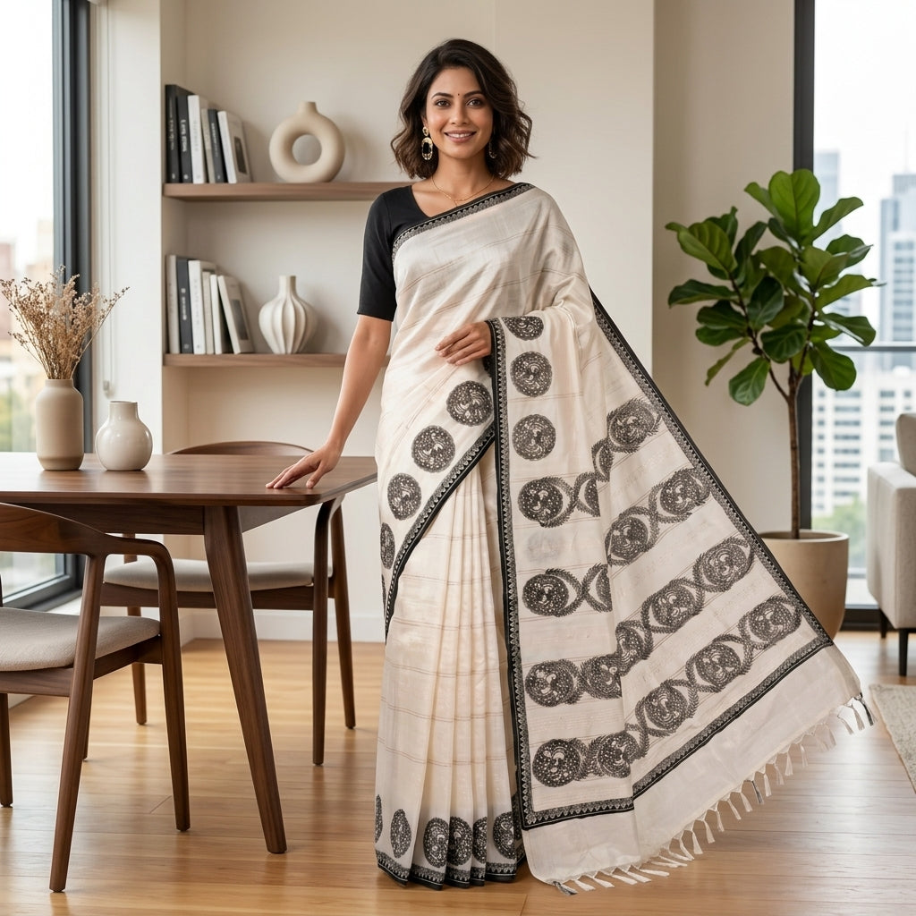 Handmade Madhubani Painting  Saree with Blouse Piece – Traditional Mithila Art Saree for Women