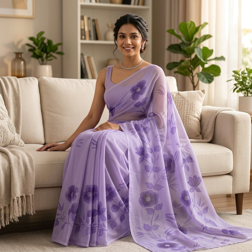 Lavender Floral Handmade Madhubani Painting Saree with Blouse – Handcrafted Mithila Art