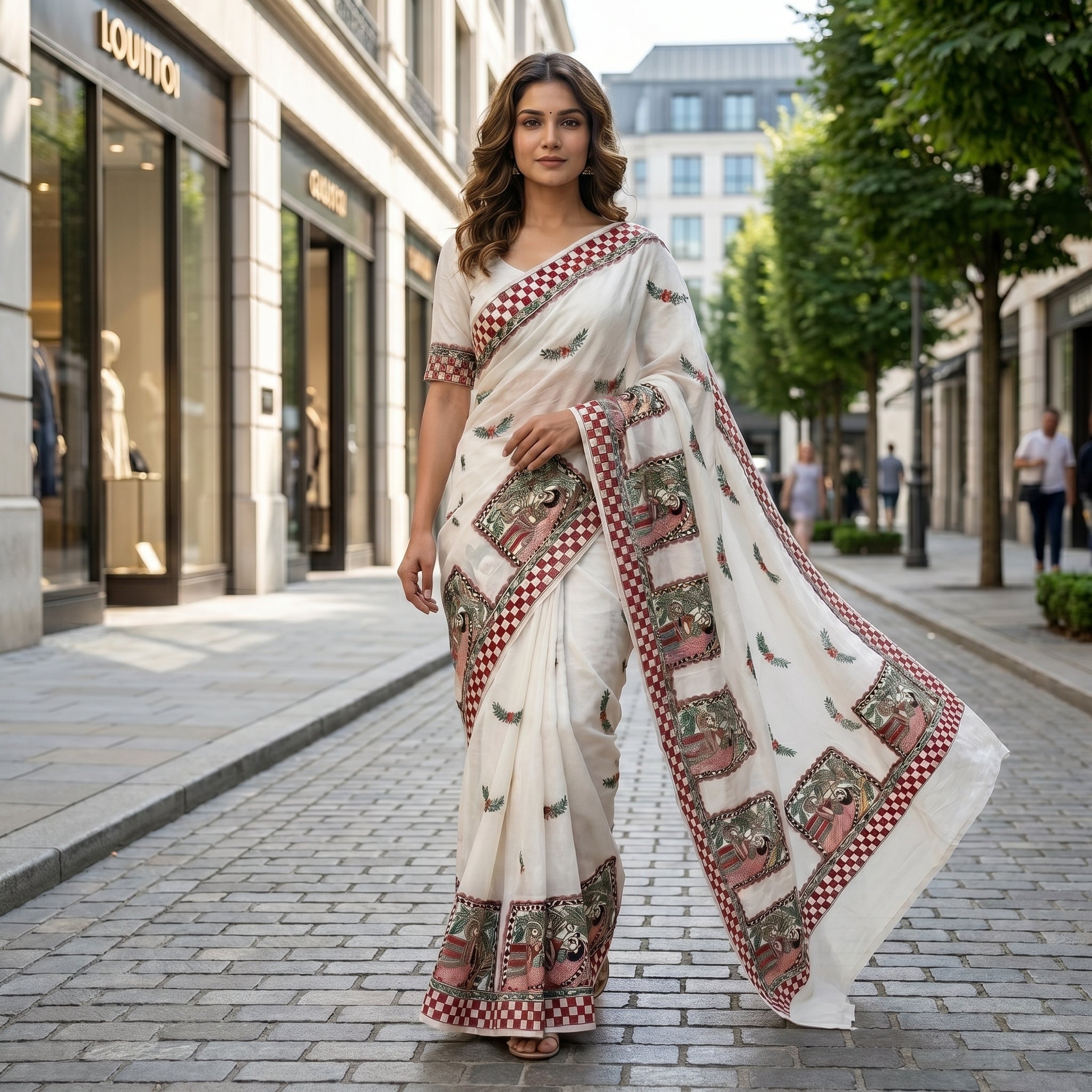 White Handmade Madhubani Painting Saree with Blouse