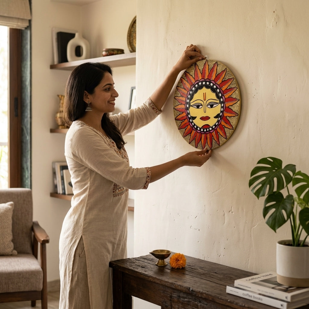 Handmade Lord Surya Madhubani Painting Wall Art on MDF Board  – Traditional Mithila Art Decor