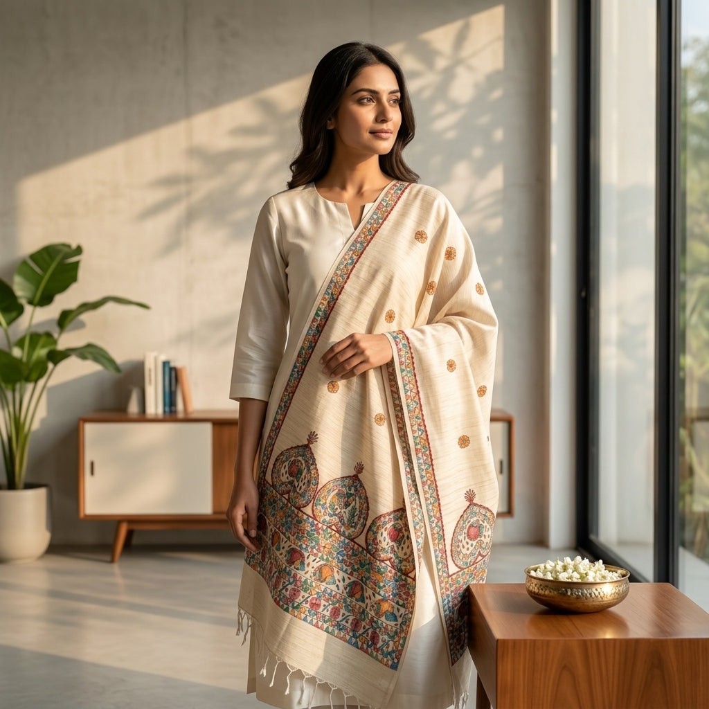 Handmade Madhubani Painting Dupatta for Women – Traditional Ethnic Handcrafted