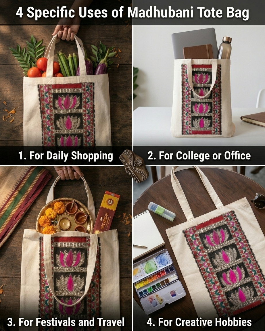 Handcrafted Madhubani Painting Tote Bag – Reusable Shoulder Bag for Everyday Use